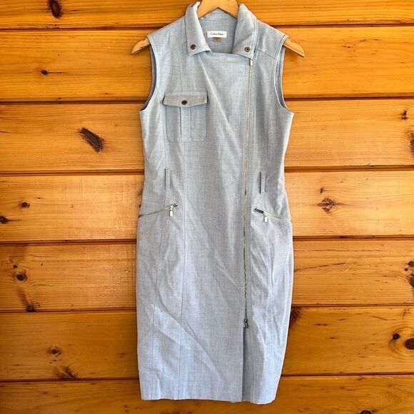 Calvin Klein Size 8 Dress Zipper Front Sheath Pockets Sleeveless Collared Blue - Picture 1 of 8
